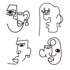Hand drawing abstract girl face in cubism style.Face line art , Face painting ,Contemporary portrait .