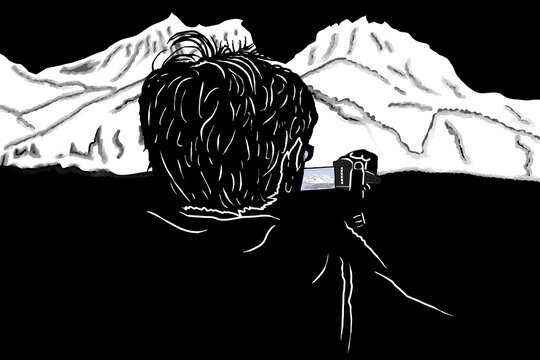 cineasta che filma montagna e panorama