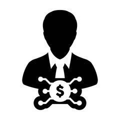 Dollar icon vector digital currency symbol with male user person profile avatar for wallet in a glyph pictogram illustration