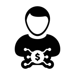 Banking icon vector digital dollar currency with male user person profile avatar for digital wallet in a glyph pictogram illustration