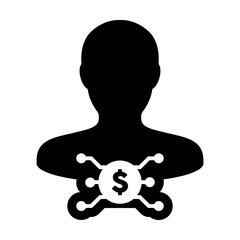 Digital currency icon vector dollar money symbol with male user person profile avatar for digital currency in a glyph pictogram illustration