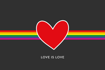 Love is Love. LGBTQI Gay Pride community . Multicolored Rainbow flag in hearth shape. Symbol of gay pride.
