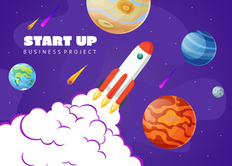 Start up concept space background with rocket and planets. Web design. Space exploring illustration.