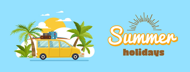 Happy family driving in car on weekend holiday, summer holidays, planning summer vacations, travel by car, summer holiday, Tourism and vacation theme. Flat design illustration. © the8monkey