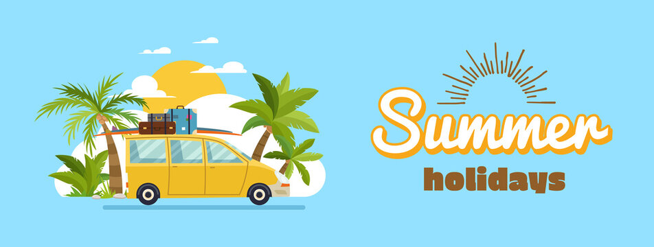 Happy family driving in car on weekend holiday, summer holidays, planning summer vacations, travel by car, summer holiday, Tourism and vacation theme. Flat design illustration.