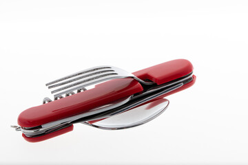 Multifunctional tool suitable for travel, includes knife, spoon, fork, bottle opener, corkscrew