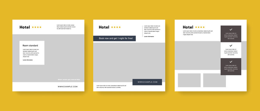 Elegant social media layouts for hotel with stars vector illustrations, Square graphic design for facebook and instagram, modern digital marketing templates