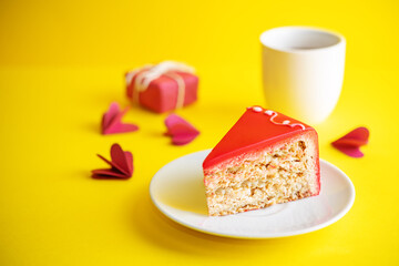Red nut merengue cake in a plate for Valentine's day
