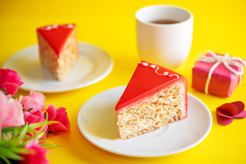 Red nut merengue cake in a plate for Valentine's day