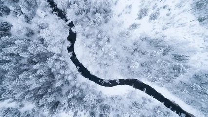 Photo sur Plexiglas Rivière forestière Aerial view of river thorugh snow covered forest in calm scene.  Drone view photo from the drone on a cloudy day. Aerial top view beautiful snowy landscape. 