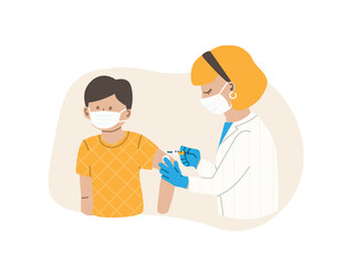 Doctor or nurse injects vaccine. Patient is a child or teenager, boy. Flu vaccination concept. Coronavirus vaccine. Vector flat illustration EPS 10.