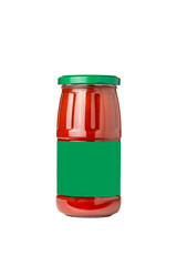 glass jar of hot tomato sauce on white background