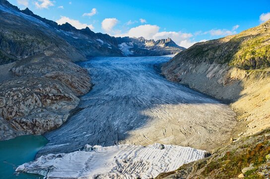  fantastic view of the great rhone glacier and the mountains in the canton of valais. Eternal ice near the Furka Pass, Switzerland. Viewpoint
