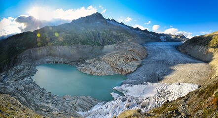  fantastic view of the great rhone glacier and the mountains in the canton of valais. Eternal ice near the Furka Pass, Switzerland.Viewpoint. Panorama