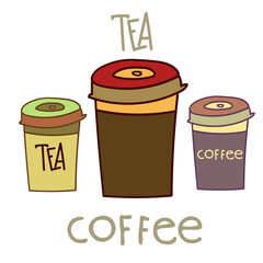 Isolated vector illustration design set of lined ornamental tea and coffee cup on the go