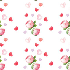 Watercolor pattern. Hand painted flowers, hearts on a white background. Suitable for backgrounds, wallpapers, cards, posters, packaging for Valentine's Day.