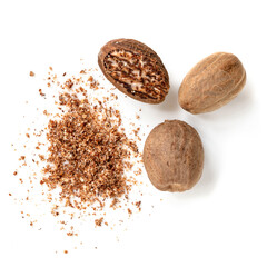 Nutmeg Isolated Whole and Grated Top View - obrazy, fototapety, plakaty