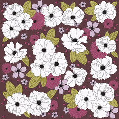 beautiful art illustration with colorful floral pattern on burgundy background for fabric design