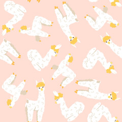 seamless pattern with cute white baby llamas on pink background