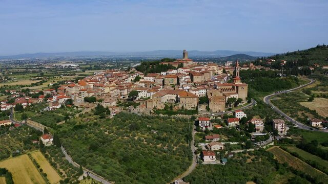 Aerial Drone view La Valle Verde in the town of Castiglion Fiorentino in Province of Arezzo Tuscany, Italy