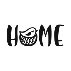 Home. Hand drawn vector text with bird and nest. 