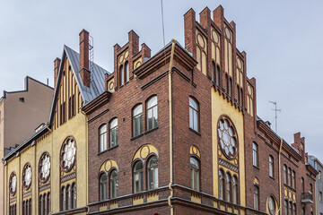 Architectural details of old residential houses in Helsinki. Finland.
