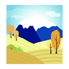 Vector landscape. Fields, trees and mountains. Sunrise. Flat style. Warm palette. Mountains in the snow. Suitable for postcards, posters and interior decoration.