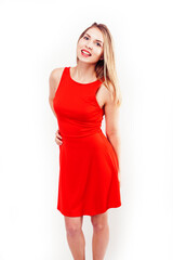 young pretty blond woman thinking smiling showing to copyspace isolated on white