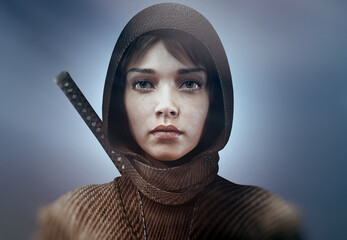 beautiful ninja warrior character with sword portrait © hutangach