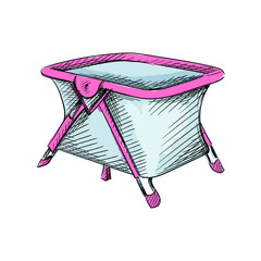 Watercolor colorful Hand drawn sketch of playpen for babies on a white background. Black and white sketch of foldable playpen for kids. Baby items.	
