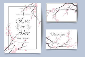 A set of invitations and business cards for a celebration, holiday, anniversary. Decorated with delicate branches of blossoming sakura. Vector illustration in a flat style.
