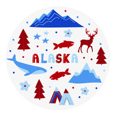 Fototapeta na wymiar USA collection. Vector illustration of Alaska theme. State Symbols - round shape