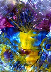 VIbrant blue and gold marbles, fluid art background.