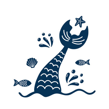 Mermaid's tail silhouette with fishes, splashes, shell, starfish.