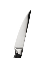stainless steel paring knife with black plastic handle, insulated on white background