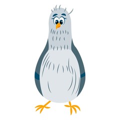 Pigeon bird. Green and gray dove staying. Blue eyes. Yellow beak and legs. Flat cartoon character design. Cute and funny. Isolated on white. Colorful icon. For kids stickers, post cards and posters