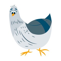 Pigeon bird. Green and gray dove staying. Blue eyes. Yellow beak and legs. Flat cartoon character design. Cute and funny. Isolated on white. Colorful icon. For kids stickers, post cards and posters