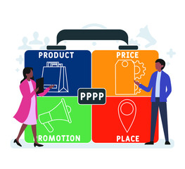 Flat design with people. PPPP - Product Price Promotion Place acronym, business concept background.   Vector illustration for website banner, marketing materials, business presentation, online 
