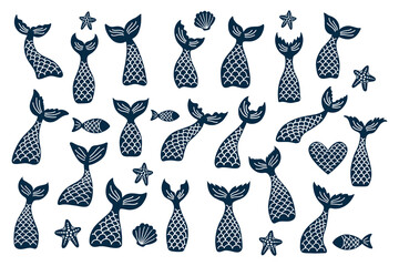 Set of vector mermaid's tail, fishes, starfishes, shells silhouettes.