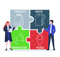 Flat design with people. PPPP - Product Price Promotion Place acronym, business concept background.   Vector illustration for website banner, marketing materials, business presentation, online 