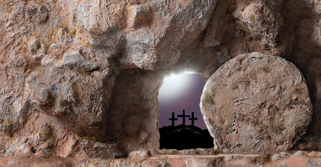  He is risen.
Empty Tomb,
 open Door And Three Crosses In The Distance on sunset sky background with copy space for inscription. Jesus Christ Resurrection. Christian easter concept.