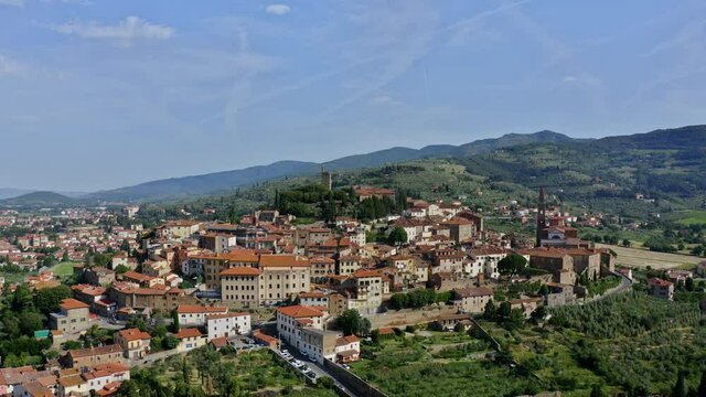 Aerial Drone view La Valle Verde in the town of Castiglion Fiorentino in Province of Arezzo Tuscany, Italy