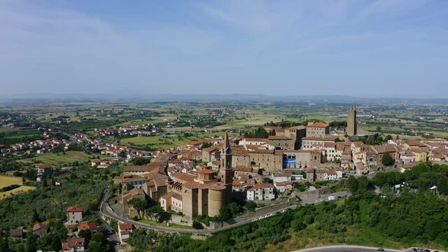 Aerial Drone view La Valle Verde in the town of Castiglion Fiorentino in Province of Arezzo Tuscany, Italy