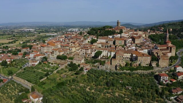 Aerial Drone view La Valle Verde in the town of Castiglion Fiorentino in Province of Arezzo Tuscany, Italy