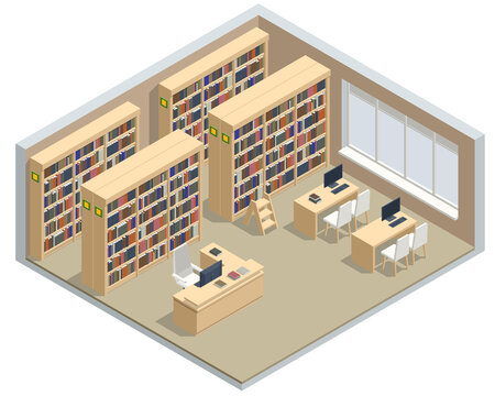 Isometric Bookshelves in the Library. Books in public library. Learning and education concept. Technology E-learning School