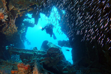 Fototapeta na wymiar Diving at the Royal Mail Steamer Rhone sank 1867, Island Salt, British Virgin Island, Caribbean wreck dive, Fun diving with beautiful fishes