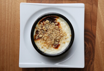 Baked rice pudding with hazelnut bird's eye view