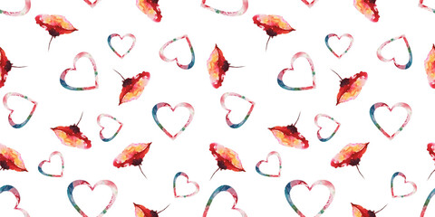 Seamless pattern with watercolor hearts and flowers for any design