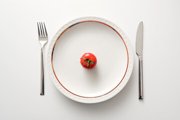 Fresh tomato on a plate with gold rim and cutlery on a white background, diet with healthy vegetables to lose weight after the holidays, copy space, high angle view from above