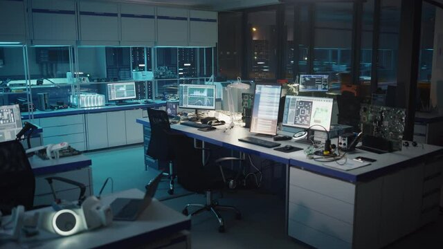 Modern Electronics Research Facility, High-Tech Robotics Technology Development Laboratory with Engineering Equipment, Designed to Manufacture, Produce PCB, Silicon Microchips, Semiconductors